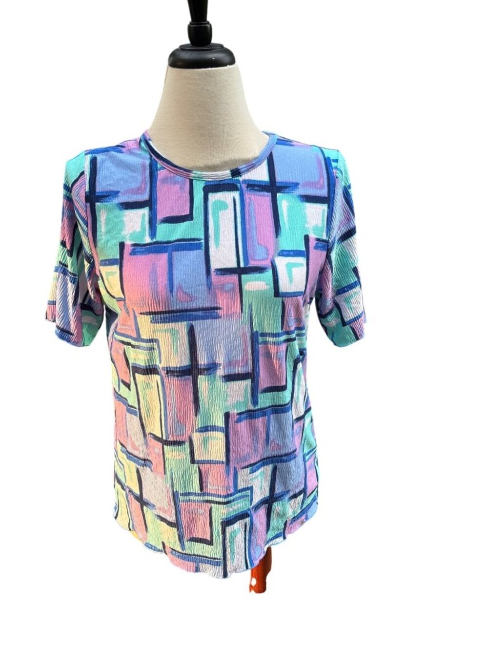 BonWorth Womens Multicolor Geometric Print Crinkle Short Sleeve Top Size M